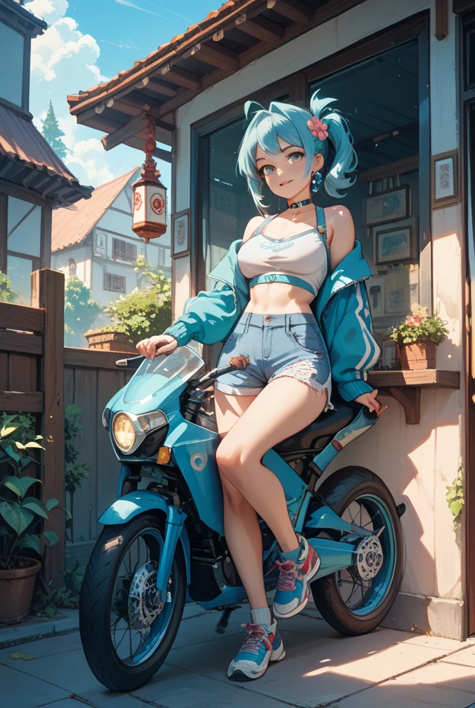 1girl, bluenette hair, light blue hair, next door girl, escooter, riding escooter, city street, city 