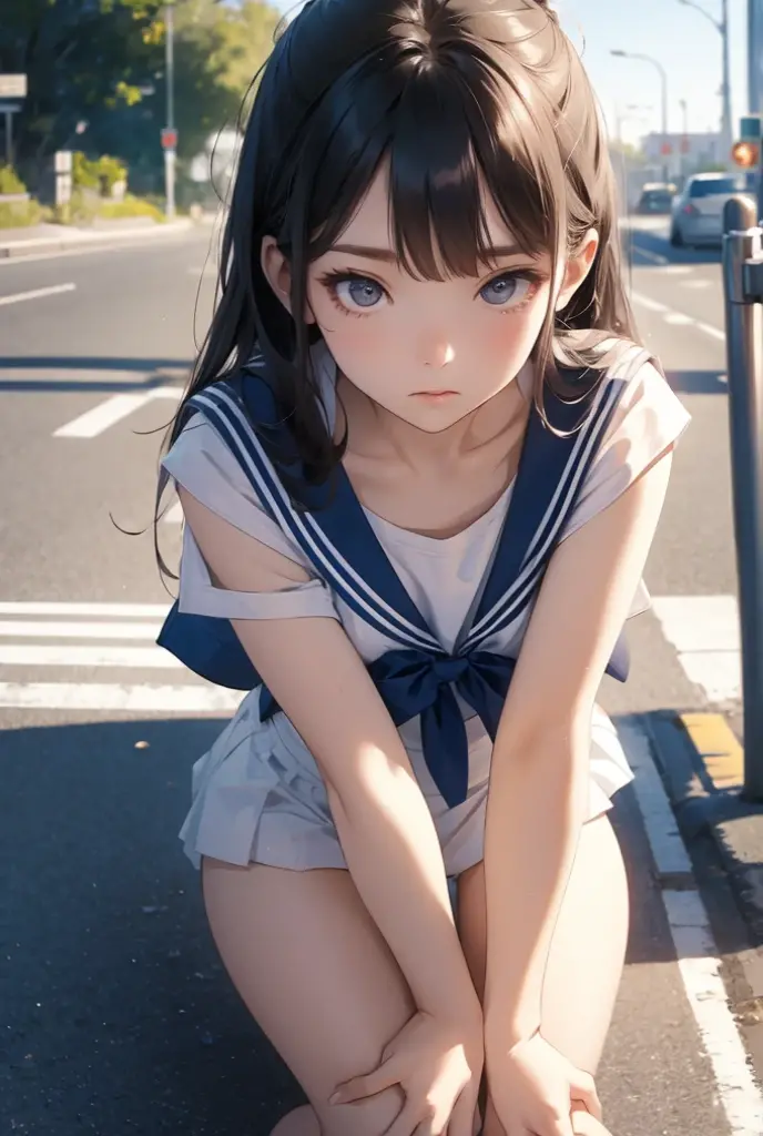 schoolgirl, Brown hair, Medium hair, Sailor suit, (Naked:1.1), Nipples (Blushing:1.0), Detailed face, Roadside, POV crouching,Expose the inside of your legs