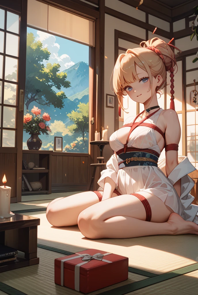（1girll）、traditional Japanese room、relaxed pose、（toppless、Smaller nipples、Wearing panties)、Long、a blond、japanes、adult  woman、21years old、((fully formed human))、(8K)、(Top image quality:1.2)、Photorealsitic:1.5)、smile、Full Body Shot、squirm、skirt by the