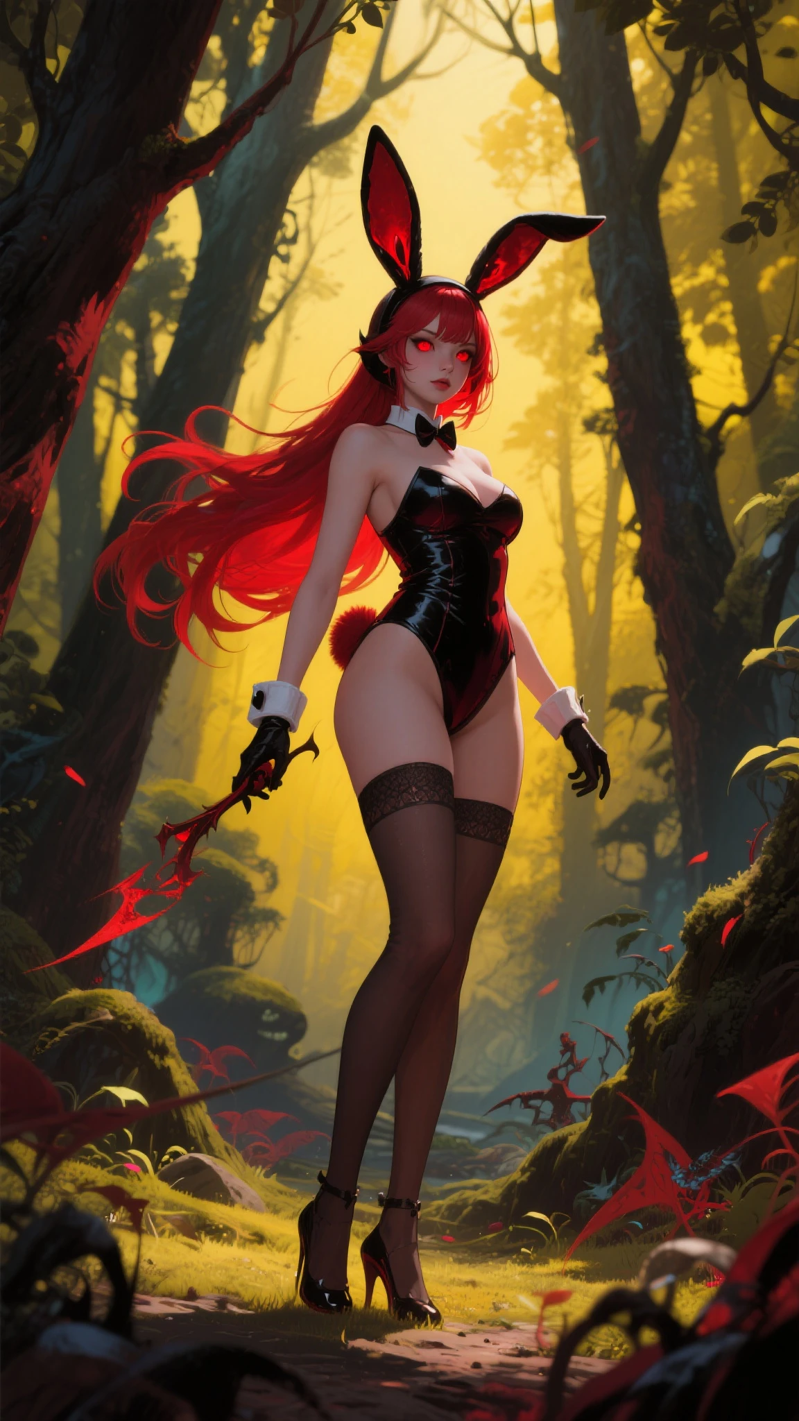 Red hair, Dress, Skintight clothing, seductive pose, large breasts, skinny, Sexy, revealing outfit, Create a full-body shot of a female character with long hair and a white streak on one side. She has large, expressive yellow eyes and pointed elf-like ears, and her expression should be one of surprise or curiosity. The background should be a forest setting with green trees and a natural ambiance, making the image suitable for an iPhone wallpaper