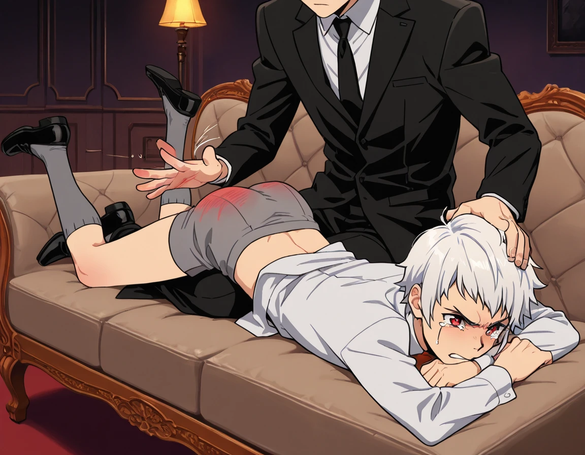 (nsfw:1.2),((One girl, 1 Elderly)), (Skirt flip:1.4), ((Old man grabs woman's waist)), The old man laughs evilly, Huge breasts:1.7, Anime cel painting style, Highest quality, High resolution, Huge breasts:1.8, good, High leg panties,blue eyes, Purple Hair, bangs, Side Ponytail, hair ornaments, Embarrassing, fear, blush, View Viewer, whole body、(((Completely naked:1.8)))、He is moving his hands violently to his crotch