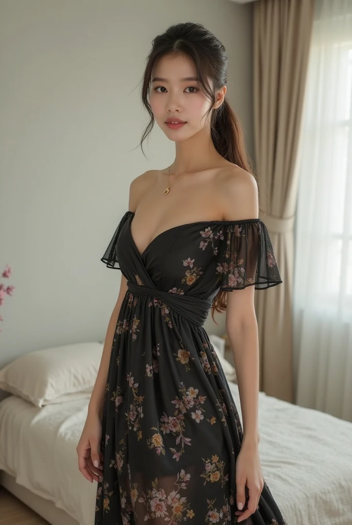 1 Japanese beautiful girl,28yo girl, Super beautiful detailed face, (smile:1.3), necklace, (brown short fliqed hair with parted bangs),(front view), (medium shot), large hip, (natural huge areola:1.1),(completely nude:1.3),(hairy pussy),(nipples), Naked, BREAK, masterpiece, best quality, ultra quality, high quality, realistic, photo realistic, RAW photo, hyper detailed, intricate detaile,(bedroom:1.3),cinematic lighting, BREAK (pastel color dress with floral pattern), BREAK ((one_breast_out:1.4)), (breast_slip:1.21), (nipple_slip:1.1),(cleavage),(standing), face,