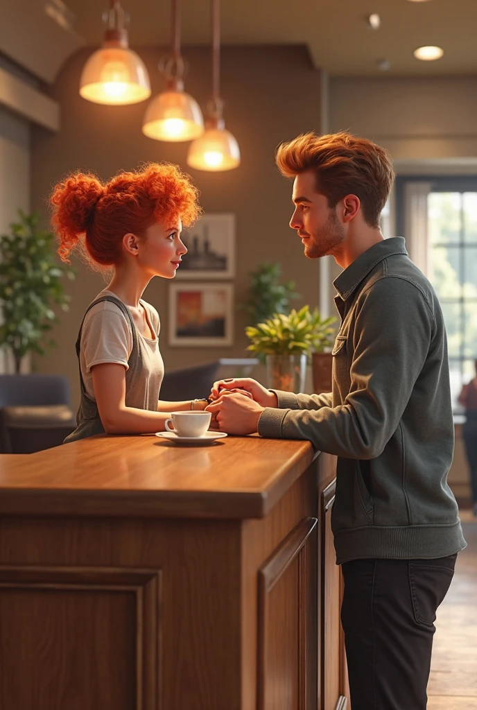 "A couple with red hair, a man with dark hair and light eyes, sitting in a restaurant talking. The scene should be lit with natural light, the environment should be casual and welcoming, and the framing should be close to the couple, highlighting their facial expressions and body language." (EN) --auto --s2