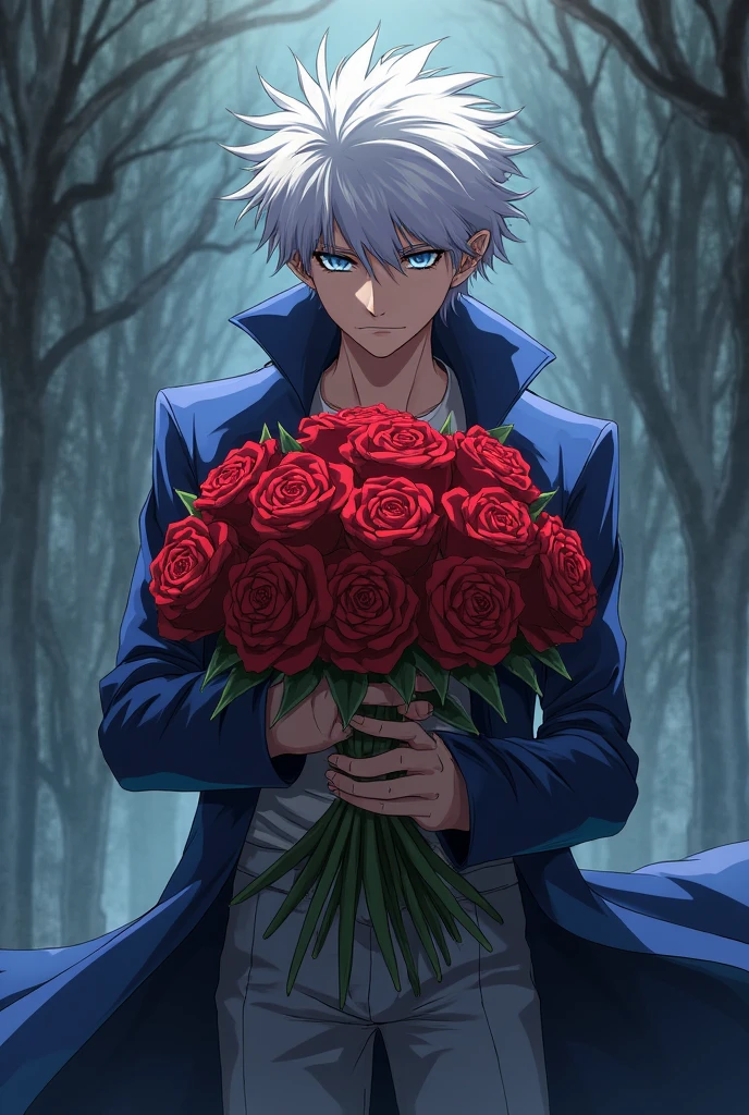 Masterpiece)), ((illustration)) ((Best quality)), (Ultra-detailed), ((offcial art)), 1boys, A suit covered with roses, Vines growing on arms, Vine arms, White hair, Green eyes, (Rose set:1.3), Stand in the middle of a blue river,Blue night view,Glowing roses float on the water, (Evil smile:1.3), (blood spatter:1.5)
