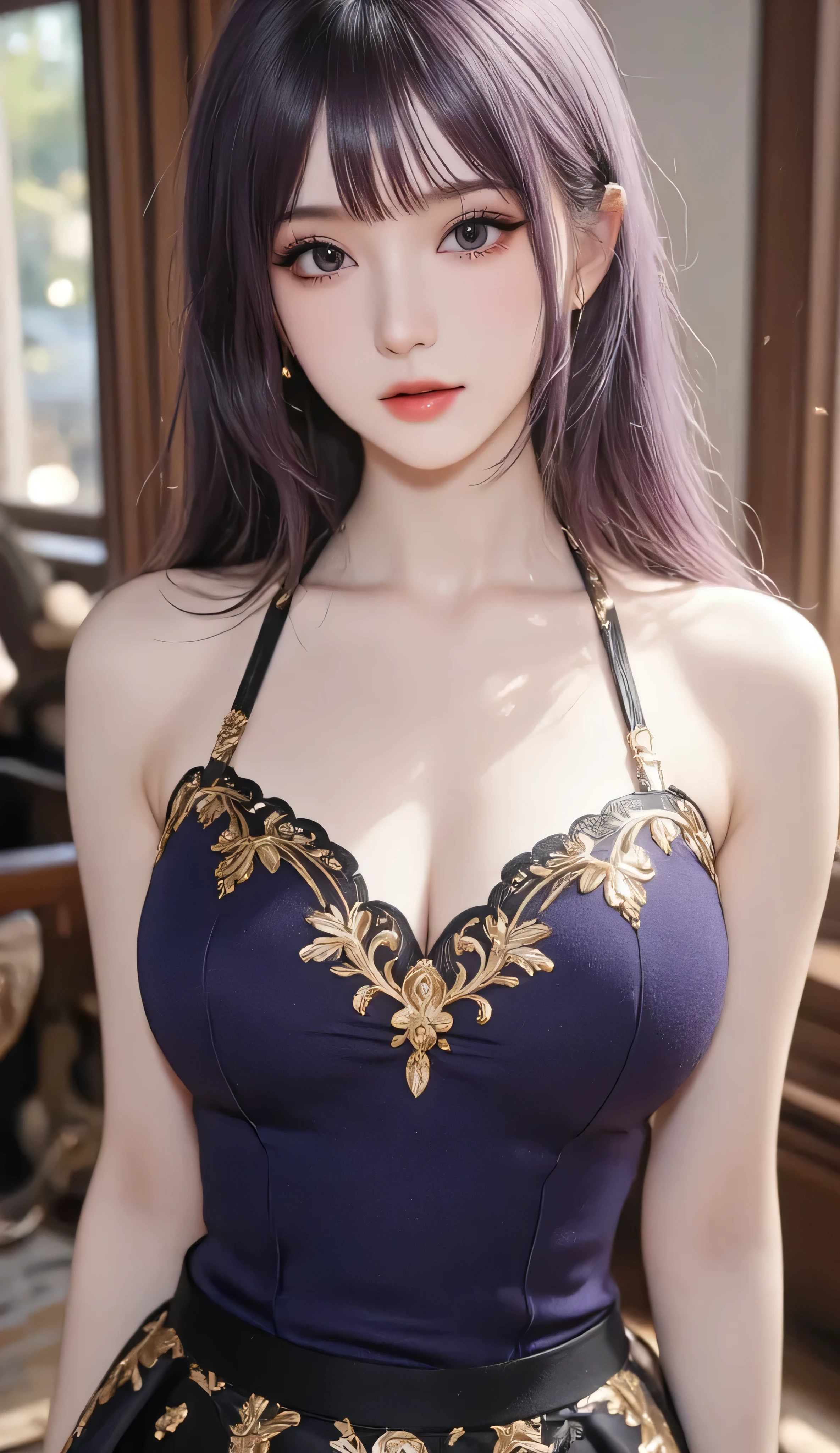 (( korean Mix )) , I have a strong gaze、
(( Highest Quality)), (( Complicated Details )), 1 girl on break day, (( F cup )), beautifully detailed eyes 、 (( purple hair)) 、( gold&purple western night armor ), (miniskirt)、 Perfect eye alignment, ((tall))、 stares at the viewer 、、 (Cinematic dynamic lighting)
