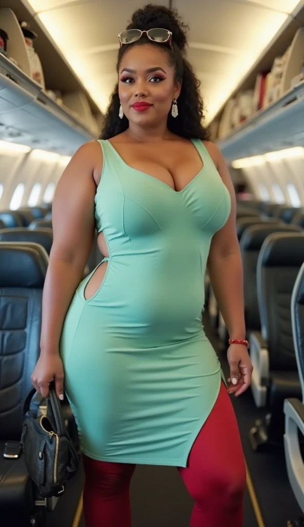 Light skinned African American girl, big breasts, standing in a dress that covers her body, perfect face quality, youthful, huge breasts, teen, young, slim, thin, skinny, cute face, adorable, LyraLaw, Kelaghayi, Walking in an airport, big smile, lots of freckles
