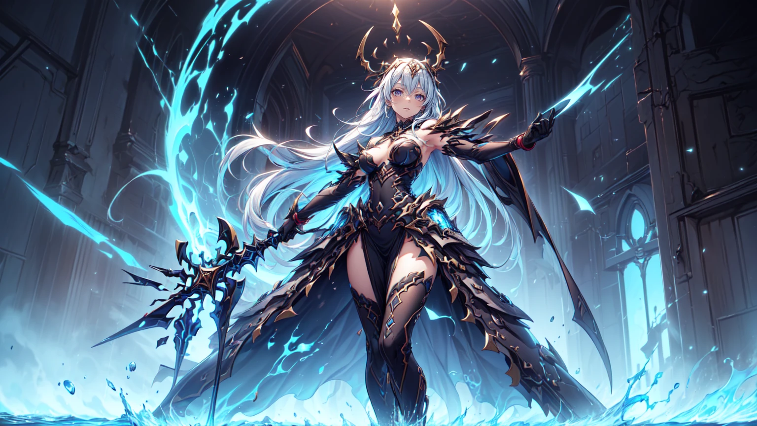 1 girl, solo, short girl, ta, highly detailed silver hair with purple tips, crystal hair, back twintails, beautiful deep blue eyes, cross-shaped pupils, (eyes exuding red fog), black_fog:1.3, glowing eyes, medium breasts, intricate black and blue futuristic high leotard armour, light armour, wearing an alien-like armoured glove, black crown on head, black and purple thigh-highs, holding bow-like weapon, fantasy-style brown shoes, concentrated expression, side view, alien-like woods in background, ultra high detailed