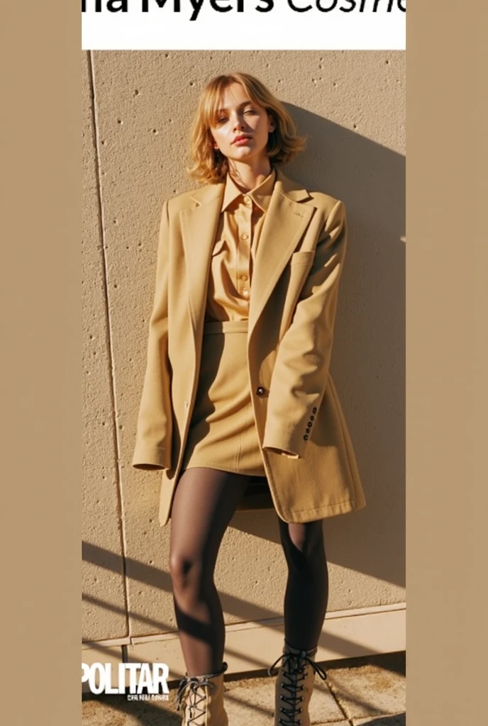 self confident young woman with short blond hair and coat on couch