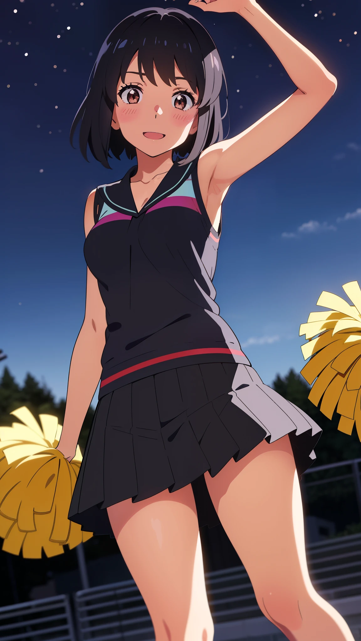 shinkai makoto, kimi no na wa., 1girl, bangs, black hair, blush, brown eyes, idol, collarbone, red headband, red ribbon, bow hair ornaments, pink bikini, pink skirt, short skirt, bare shoulders, black thighhighs, white gloves, pink arm strap, short hair, smile, cute, solo, singing, outdoors, open mouth, breasts, medium breasts, singing, concert, stage, dynamic pose, light_particles, lens_flare, reaching_out, sky, blue sky, cloud, balloon, :D, looking at viewer, holding microphone, standing
