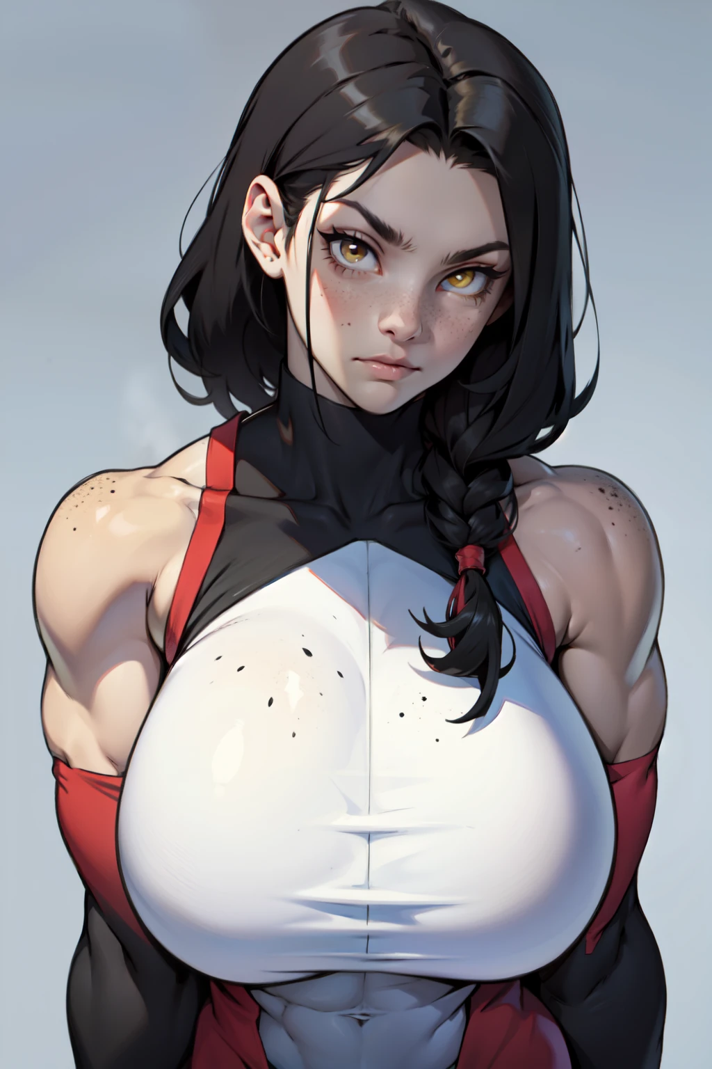 1 girl, black hair, yellow eyes, very long hair, pale skin, ((((extremely muscular)))), large breasts, (confident expression), close up
