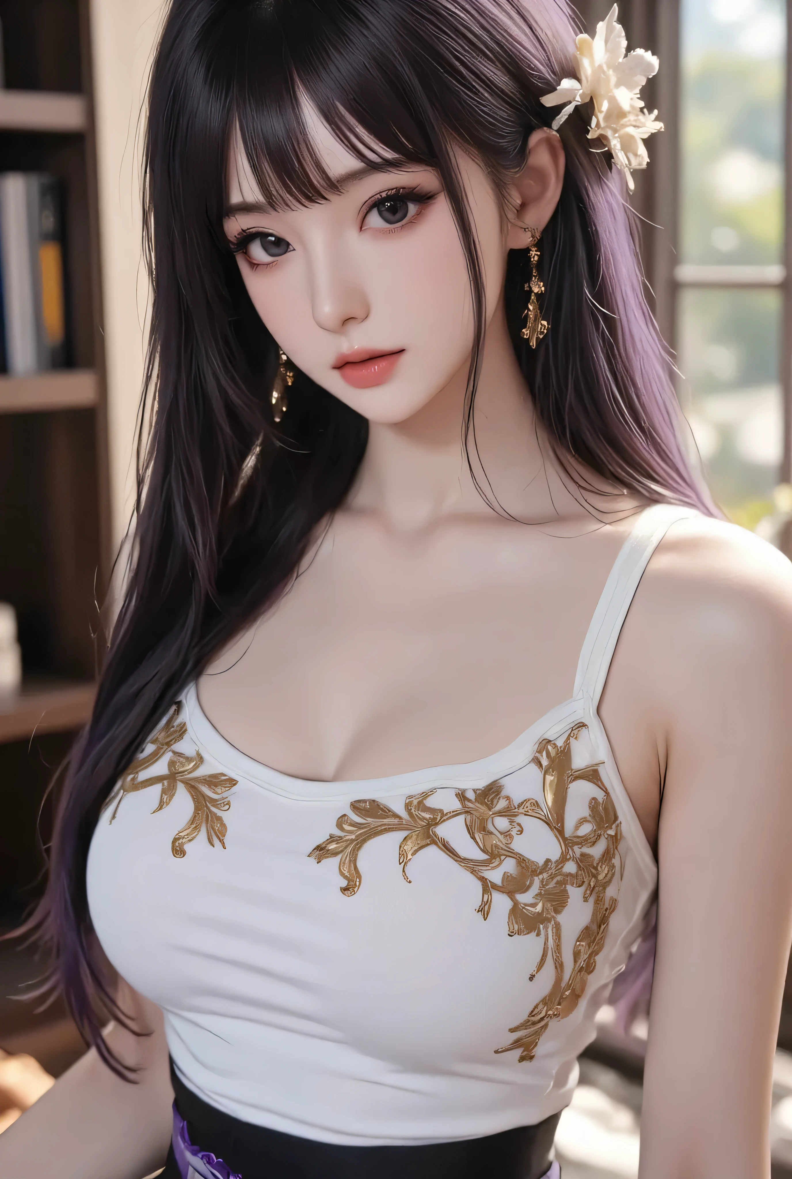 (( japansese Mix )) , I have a strong gaze、
(( Highest Quality)), (( Complicated Details )), 1 girl on break day, (( F cup )), beautifully detailed eyes 、 (( purple hair)) 、( gold&purple western night armor ), (miniskirt)、 Perfect eye alignment, ((tall))、 stares at the viewer 、、 (Cinematic dynamic lighting)