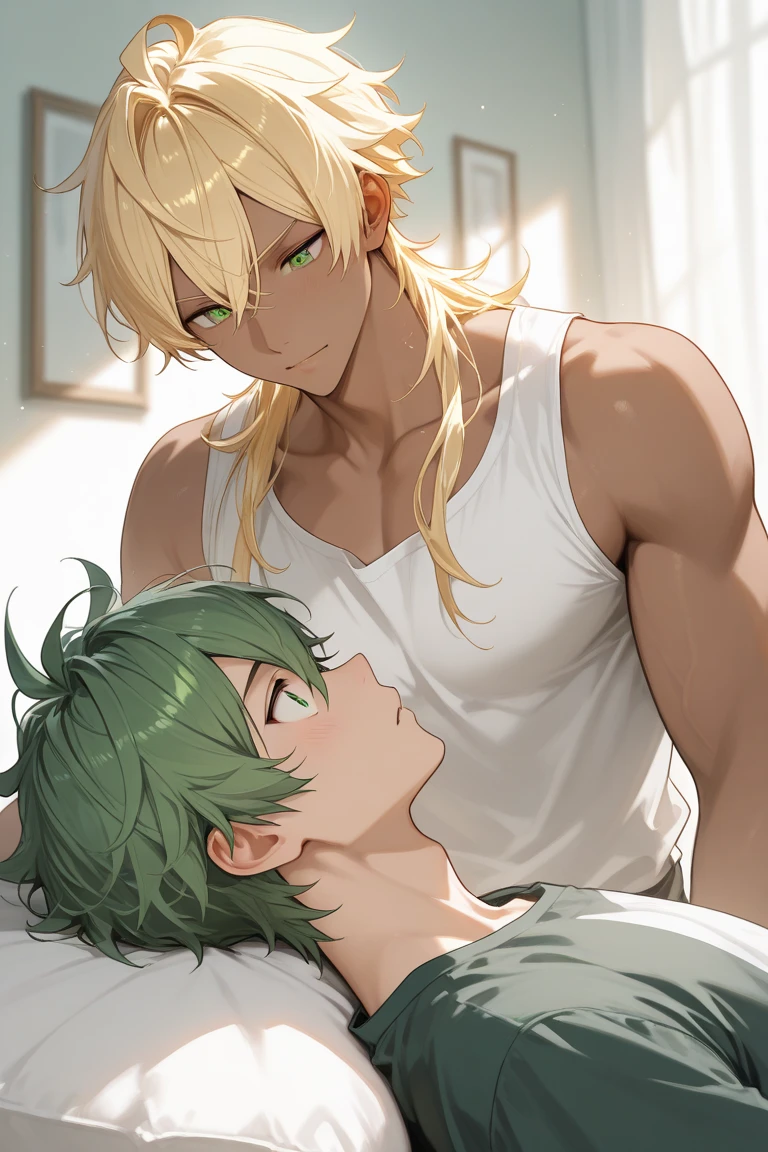 (Masterpiece: 1.4, Best Quality), (Masterpiece, Best Quality)),gay couple, (Green Hair and Eyes Cute Boy: 1.2), (Blonde Spiked Hair and Red Eyes Good Looking Boy: 1.2), sleeping with their eyes closed on the bed