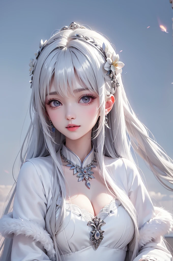 ((8k wallpaper of extremely detailed CG unit, ​masterpiece, hight resolution, top-quality, top-qualityのリアルテクスチャスキン)), (very beautiful and attractive woman, The upper part of the body, Landscape composition, Pose like a model, Wear a bride in white wedding dress:1.2, Japanese pattern beautiful dress:1.2), (messy, white shining hair, blue eyes, shining eyes, Plump lips, de pele branca, medium breast), (((Colorful background with geometric patterns, Japanese pattern background, warm color))), (high-angle:1.1), (hyper realisitic, digitial painting),  Fox's ears, fluffy ears, 