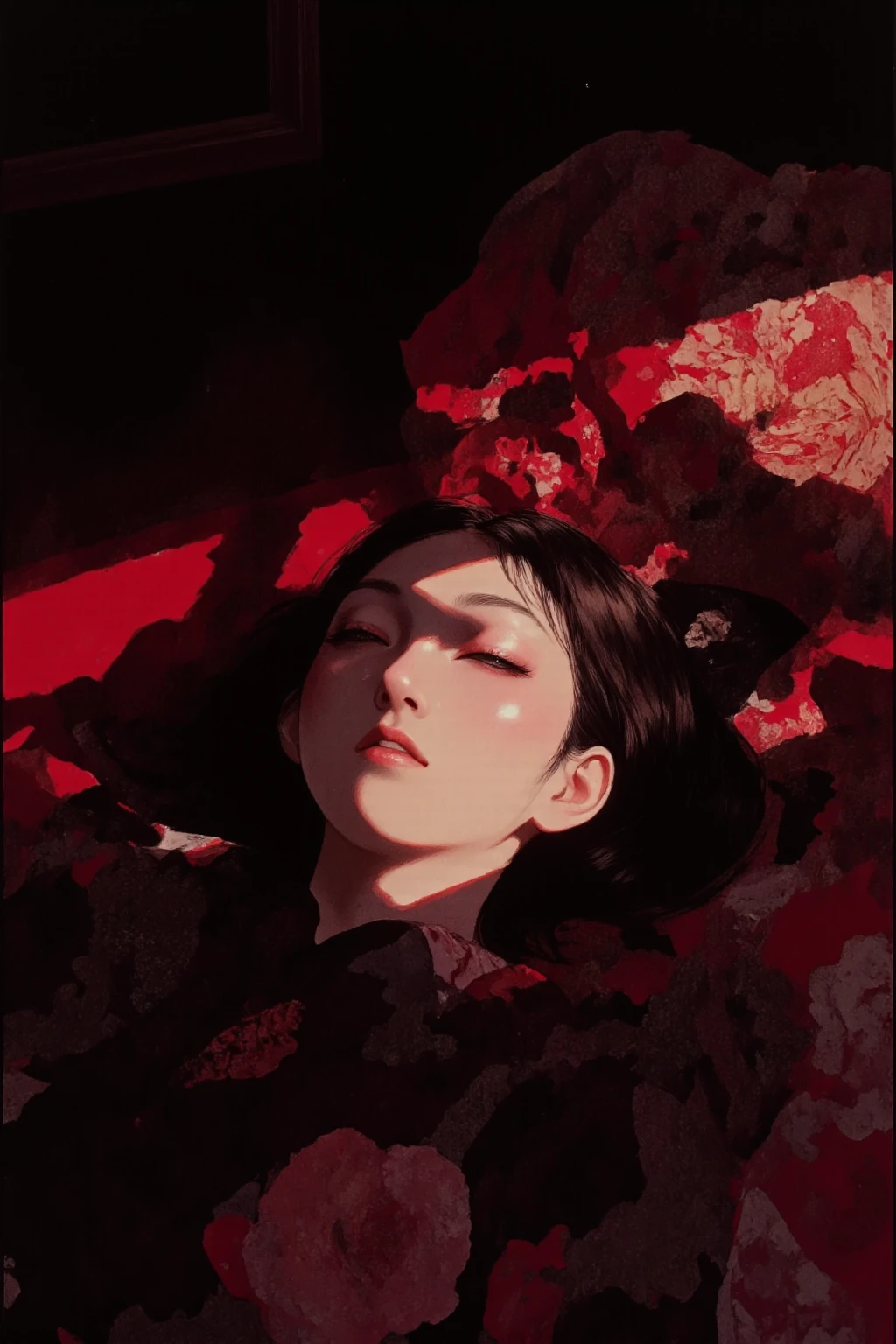 painting of a woman with flowers in her hair and blood dripping down her face, artwork in the style of guweiz, a beautiful artwork illustration, beautiful digital artwork, detailed digital anime art, detailed painting 4 k, beautiful digital illustration, beautiful anime artwork, anime art wallpaper 4k, anime art wallpaper 4 k, beautiful art uhd 4 k, beautiful anime portrait