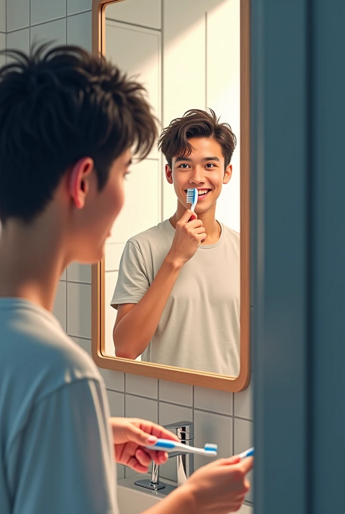 A cute boy who is brushing his teeth in the bathroom and microbes are skipping from his mouth