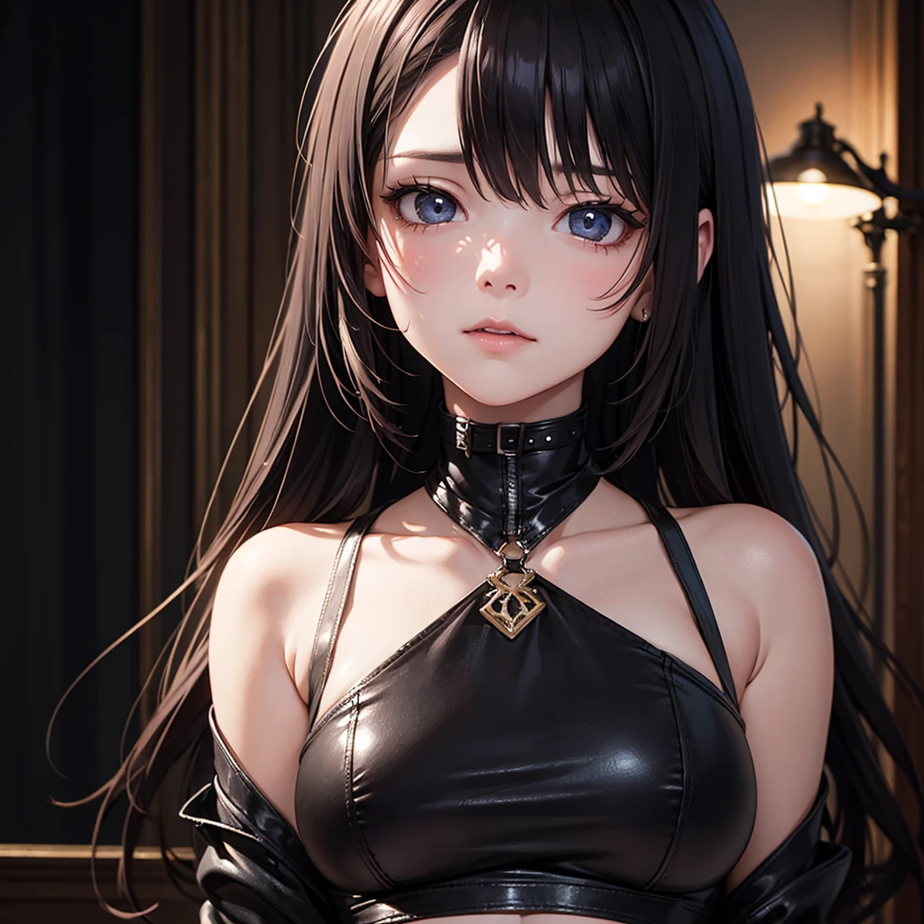 Detailed facial details,1 girl、Cat ear,Black long hair,Residence,Large Breasts,Wearing black latex school uniform,Charming red eye, Shy expression,Slim,Handcuffs,collar,Radiant Skin,Facial details are very detailed, Body covered in mud