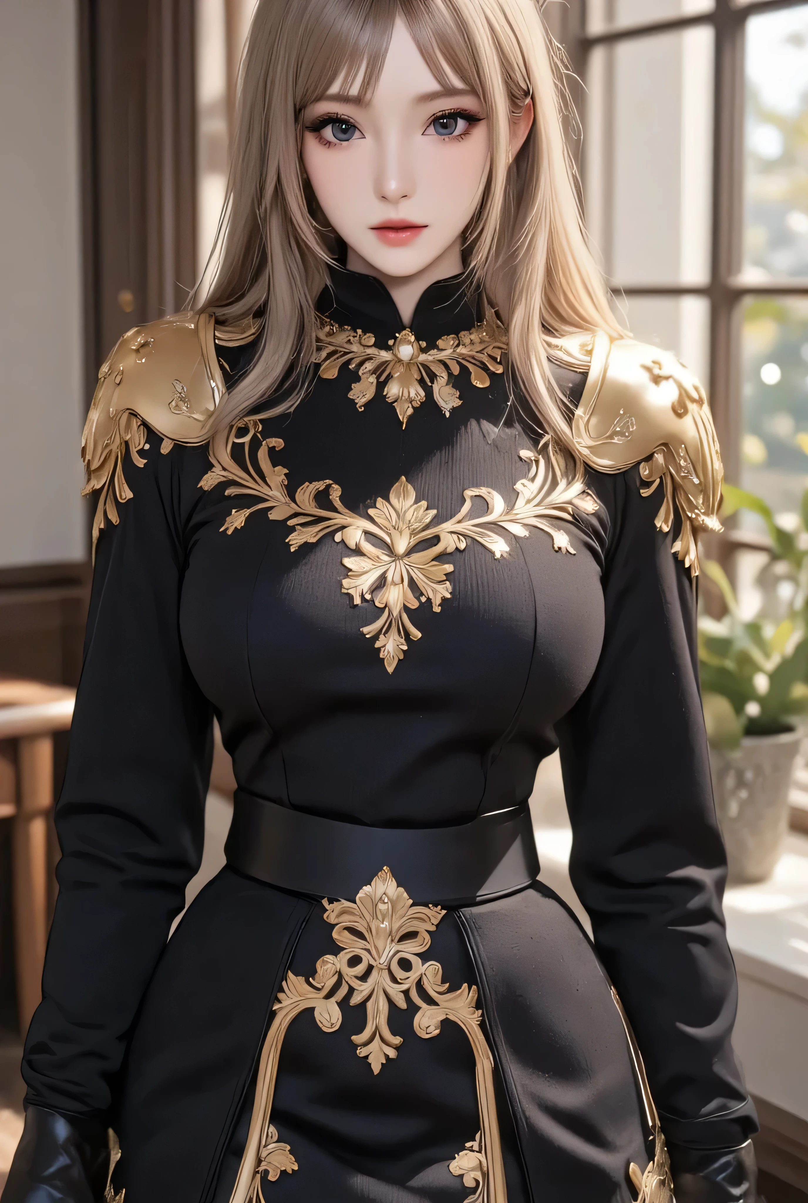 (( Russian Mix )) , I have a strong gaze、
(( Highest Quality)), (( Complex Details )), 1 girl on break day, (( F cup )), beautifully detailed eyes 、 ,golden hair 、( black and golden western knight armor ), 、 Perfect Eye Side by Side, ((tall))、 staring at the viewer 、sexy pose