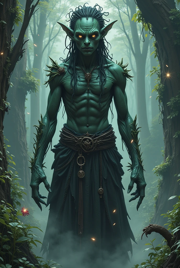 a character, A male with green eyes, who is tall with a somewhat broad chest, young and non-human, who embodies both kindness and power, who has a lot of hair on his neck and chest