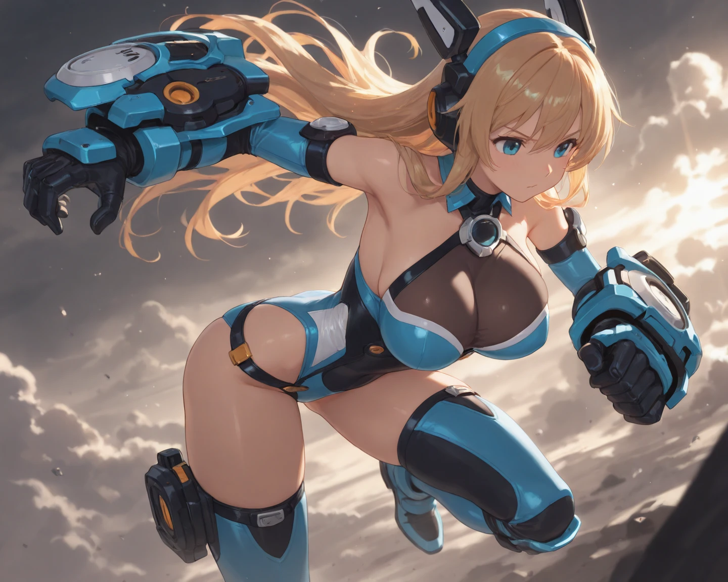 mecha,mecha musume,mecha,robot,1girl,breasts,solo,blue eyes,large breasts,weapon,blonde hair,gun,sky,looking at viewer,ponytail,long hair,holding weapon,holding,holding gun,bangs,star (sky),hair intakes,wings,armor,closed mouth,thighhighs,gloves,starry sky,rifle,headgear,sidelocks,full_armor,

headgear,thigh,bare skin,
