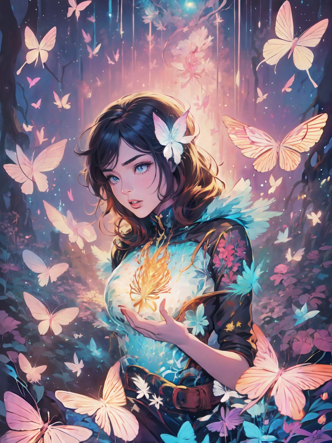 Beautiful dark haired woman covered entirely by millions of Monarch orange black and red butterflies like a second skin a gossamer dress that is almost part of her, covered in butterflies, as if they are coming out of her chest her heart, dappled sun beams through the pine fir forest, hyperdetailed, 64k resolution, Kodak resampled film grain,(((naturally interacting with the environment:1.5))),(((seamless:1.5))),((strong environmental light)),((hard shadows)),(merge realms of the extreme punk in a tapestry of dualities),enigmatic beings with ethereal silhouettes,digital dreamscape.Illuminate the scene with the pulse of a celestial bloom,(casting hues that bridge both cosmic and cybernetic realms).(Blend brushstrokes harmoniously),fusing elements of traditional artistry with glitched fragments of a pixelated mosaic.Embrace asymmetry,where the organic and the synthetic collide in a dynamic composition.(Infuse a shifting timeless vibrant palette).Integrate augmented reality surprises. 