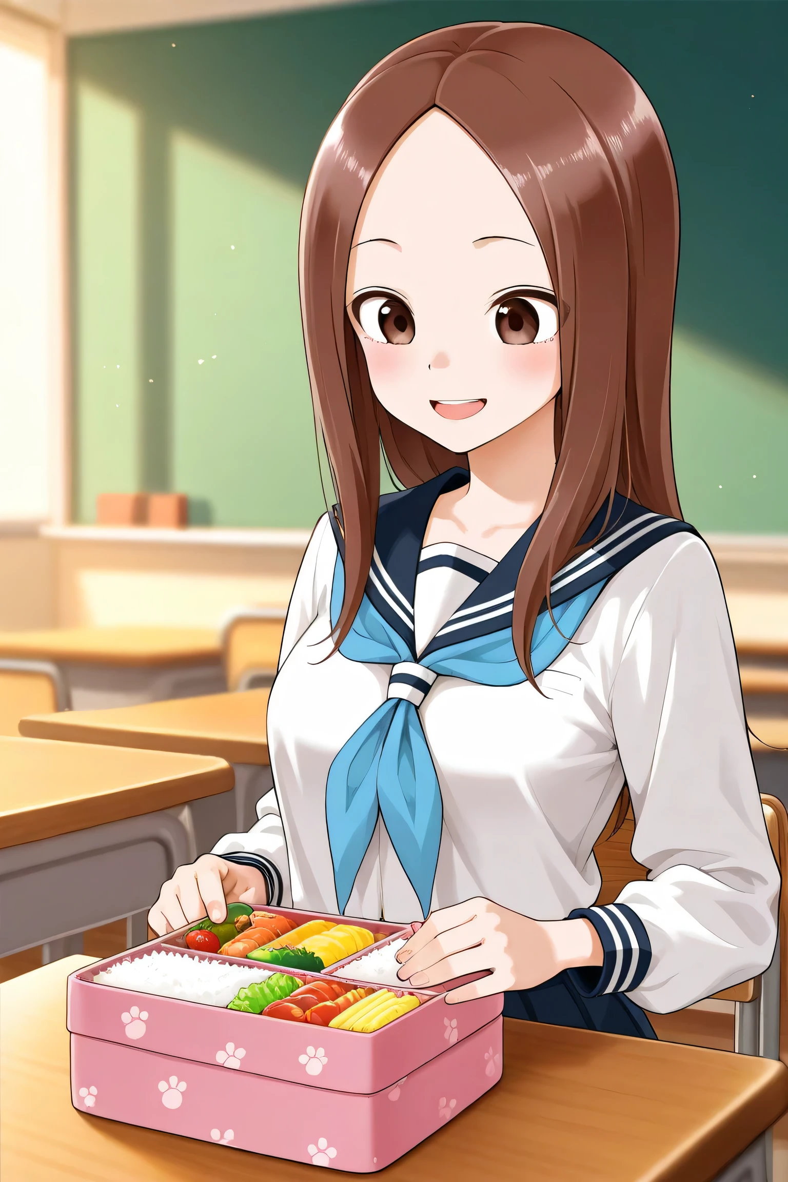 Mr. Takagi eats bento in the classroom