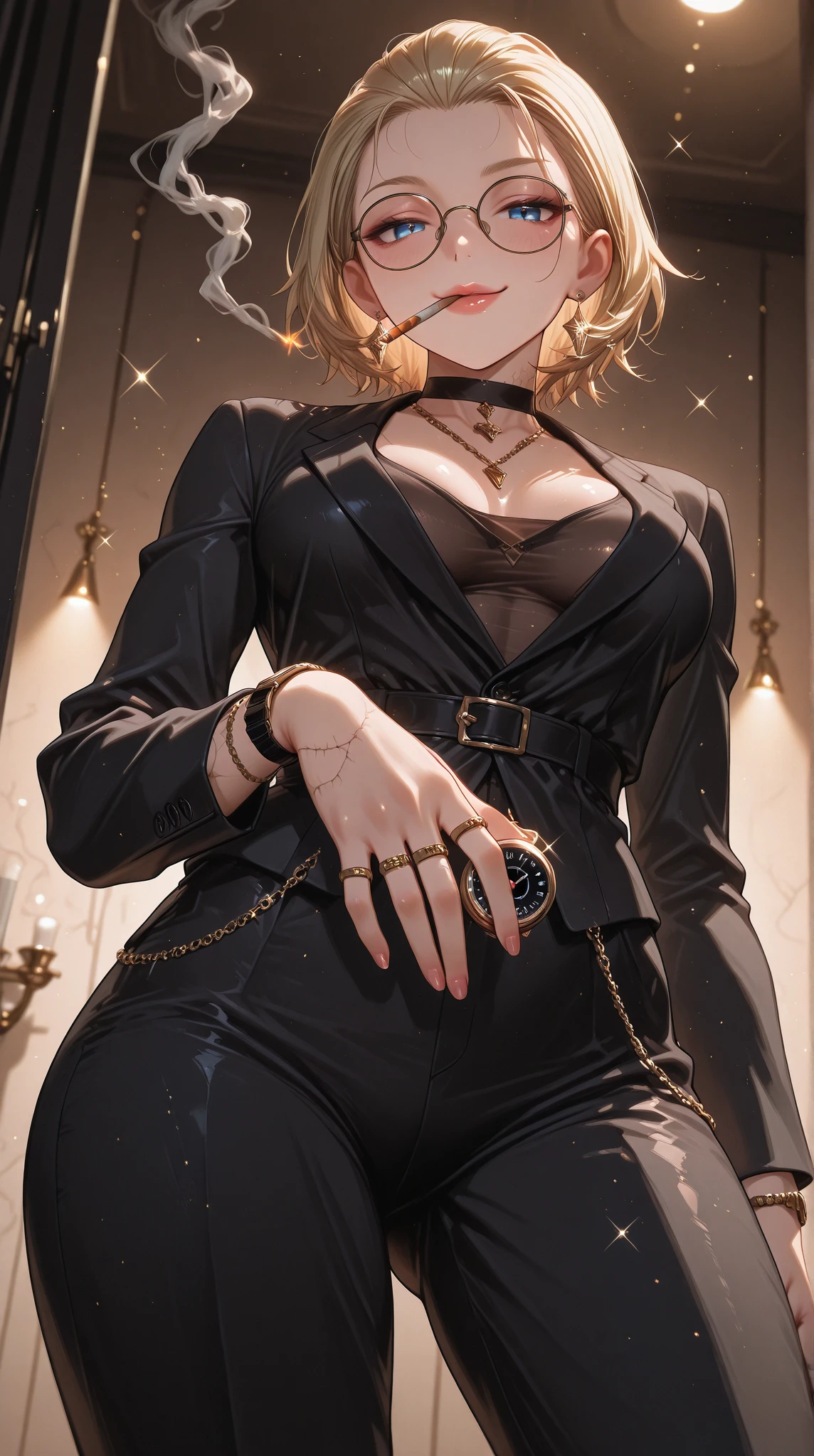 young boy, blonde hair, Bob hairstyle, blue eyes, black skintight clothes, Gold Chains, Cat's ears, Masterpiece, hiquality
