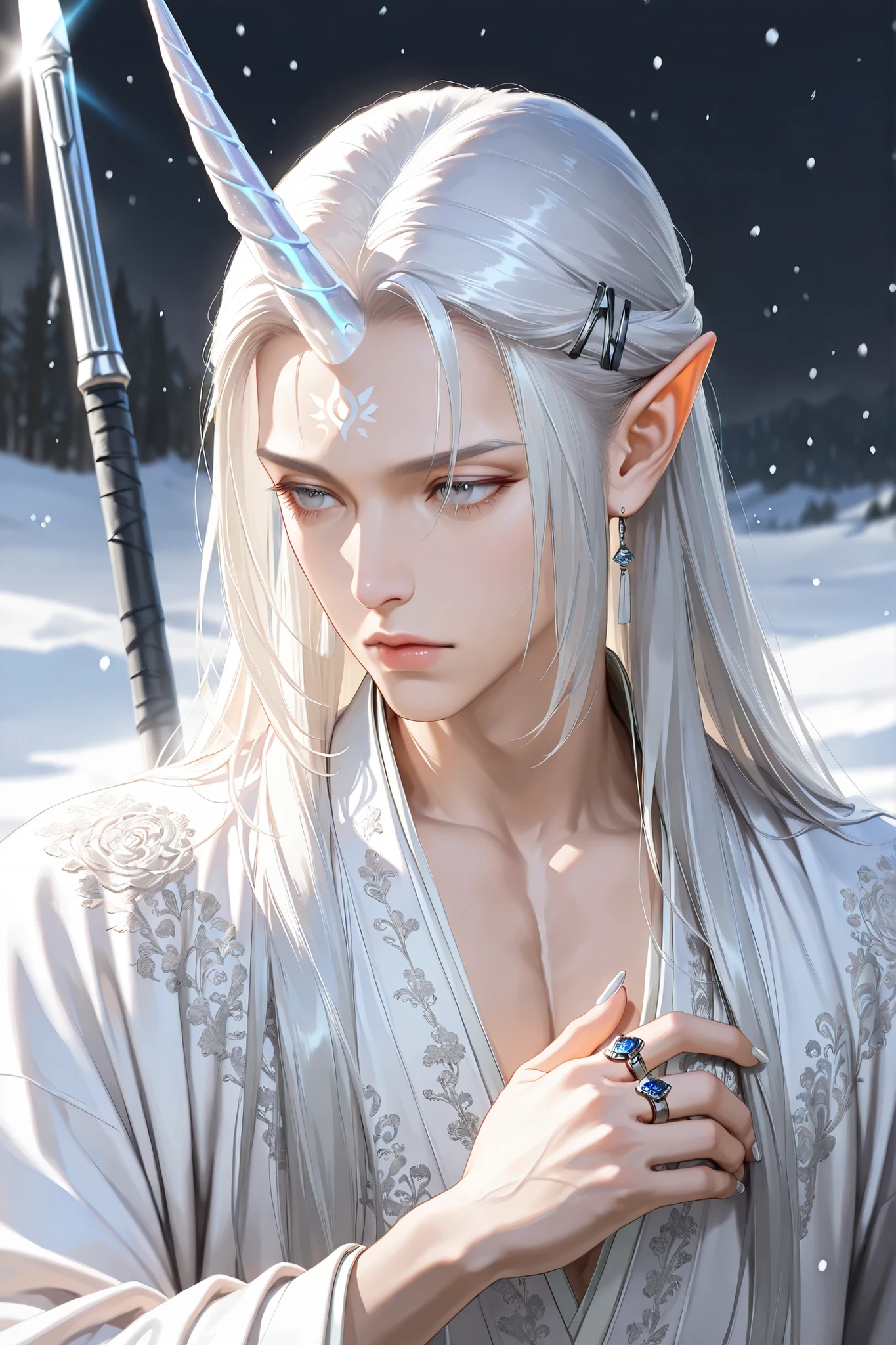 (High quality CT,4K,High resolution,main part:2.3),Very detailed,realistic:1.37,Best quality,masterpiece, high resolution,on_body, Tyndall effect,photorealistic, edge lighting, Two-color backlight,(high definition of skin:2.3), (8K UHD, DSLR quality, soft lighting, high quality, surround lighting, sincere, de 8K , 4k, 8K.) (male character/male bodybuilding) Background: snowy mountain eastern coniferous forest, against the background of high mountains in the fog. The unicorn beastman.The young tall mighty man has long straight loose pearly-white hair combeded to one side,he has sharp silver hairpins his hairstyle. silver eyes. he has pointed ears. (ONE SINGLE UNICORN HORN) He has long pearly unicorn horn on his forehead. He has silver nails and rings on his fingers. He is dressed in a men's mother-of-pearl Hanfu robe decorated with embroidery of snow-white clouds. He has a sliver spear-axe of Guan Dao in his hand.