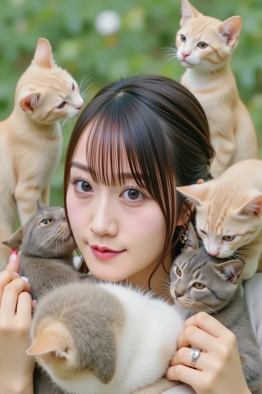 Araffe Japanese model,Surrounded by many white cats,