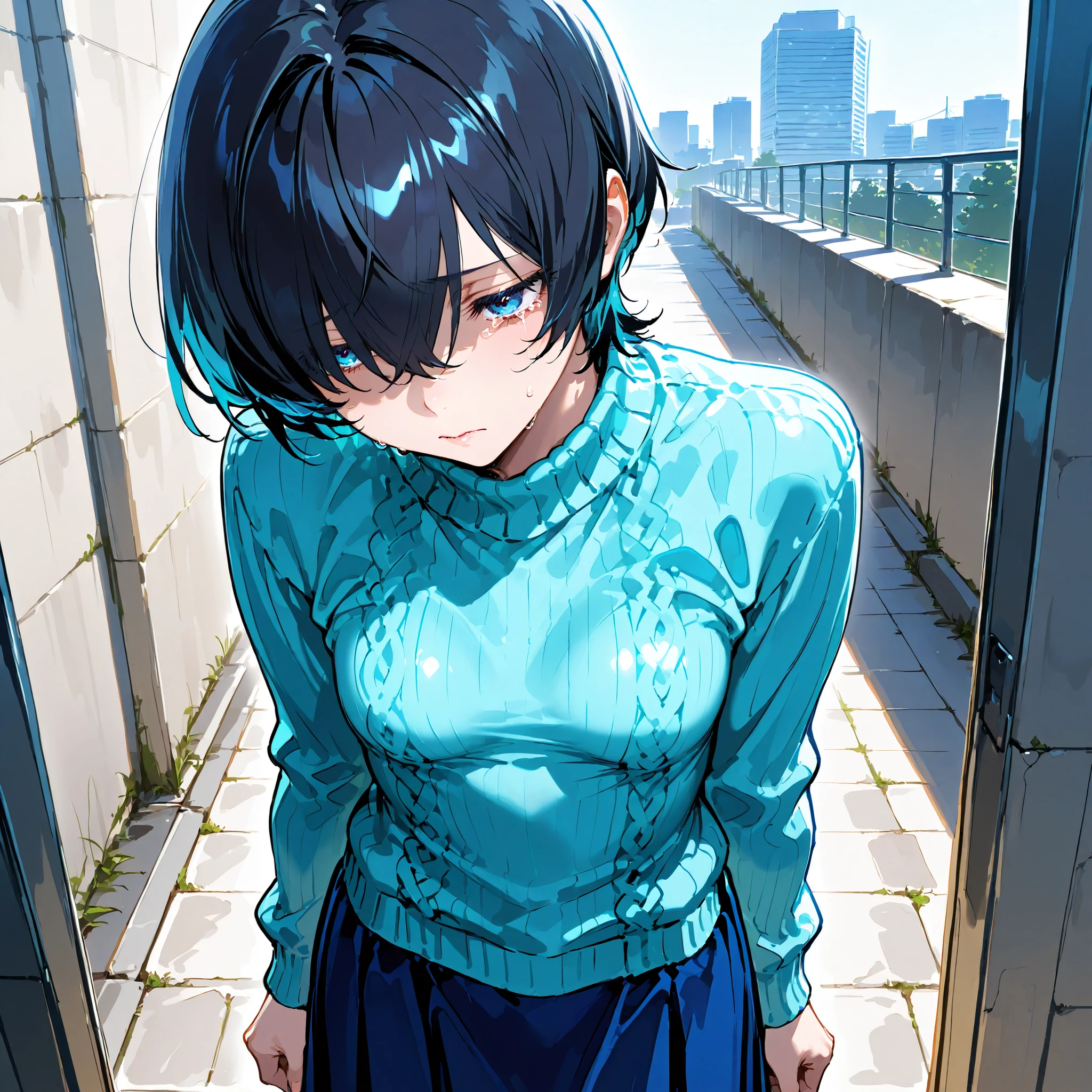 (((best quality))), ((ultra-detailed)), (illustration), ((an extremely delicate and beautiful)),(background:In front of a concrete building),1 woman,solo, (Very short ), (flat breasts), (Very sad look)(tears),(gleaming skin),(Light blue sweater)( long skirt),(Standing),(Short Hair)(Black Hair),(hair over eyes),(Blue Eyes),(face close-up),