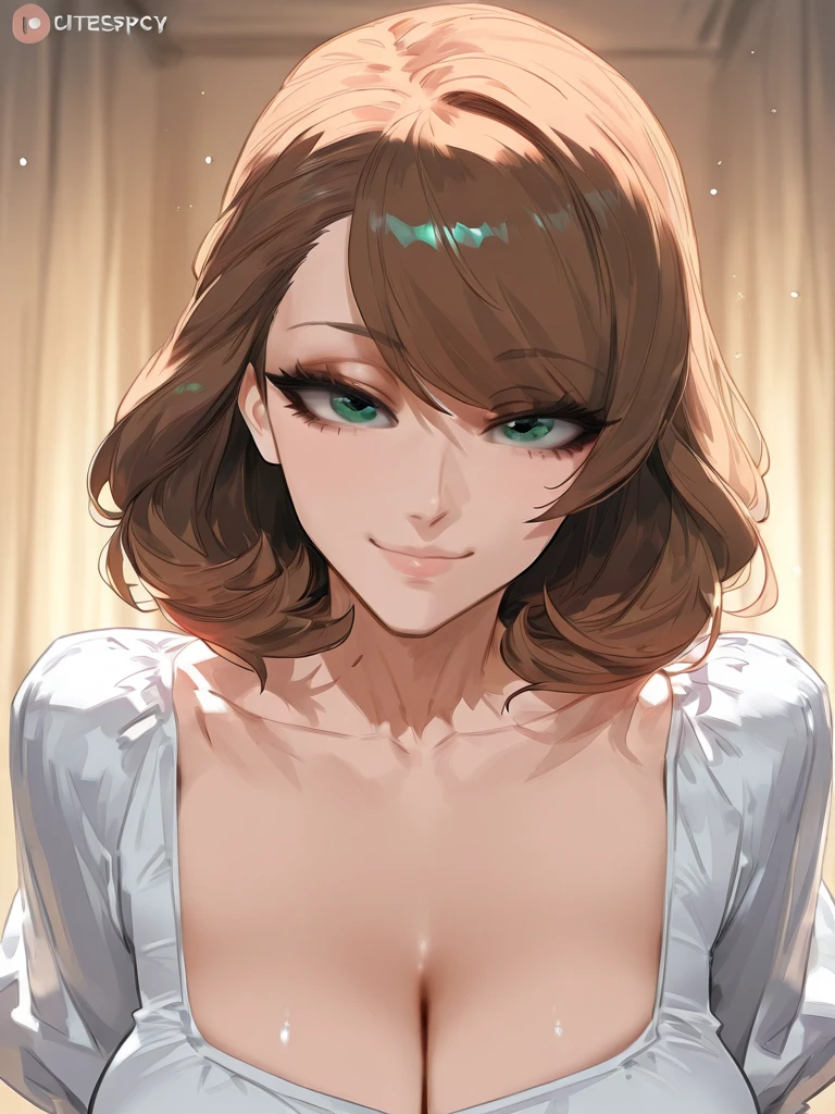There is a woman in a tie and shirt, close up half body shot, Revealing clothes, upper body closeup, cleavage, close up bust shot, Open V chest clothes, full-body close-up shot, wearing in shirt, Open Shirt, hints of yayoi kasuma, upper body close - up, up close shot, tied - up shirt, Haru Okumura, hair between eye, Ahoge, Brown hair, Star \(symbol\), Hair Ornament, Dress, cleavage, Bare shoulders, 鎖骨, Long white elbow gloves, White Gloves, White Dress, White choker, Strapless, tiarra, veils, straplessdress, wedding dress, Bridal Veil, Beautiful woman, Perfect body, Perfect breasts, wearing a wedding dress, ballgown, Trees in the park々Inside, Wedding Decorations, Smile in love, Realism, masutepiece, Textured skin, Super Detail, high detailing, High quality, Best Quality, 1080p, 16 K
