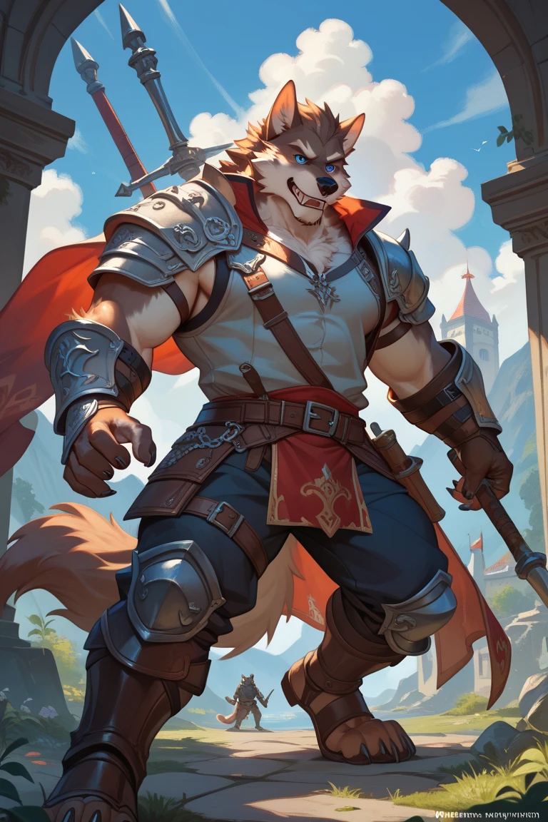 Solo Sexy young anthro furry wolf male mercenary medieval solider, slim slim muscular, anthro handsome gay shorter muzzle, handsome gay model male apperance, sword scars, worn out leather skimpy armament, low on hips heavy leather belt, old very worn out skimpy dirty linen material jockstrap, old yellow dirty worn out stains on white sawn jockstrap, very visible "x" brown seam pattern on the jockstrap, studded skimpy armlets breastplate armor, skimpy breastplate, leather bondages, fingerless leather gloves, smelly unwashed furr, dirty body look, desert battlefield, standing in sexy fighting position, close view of full character
