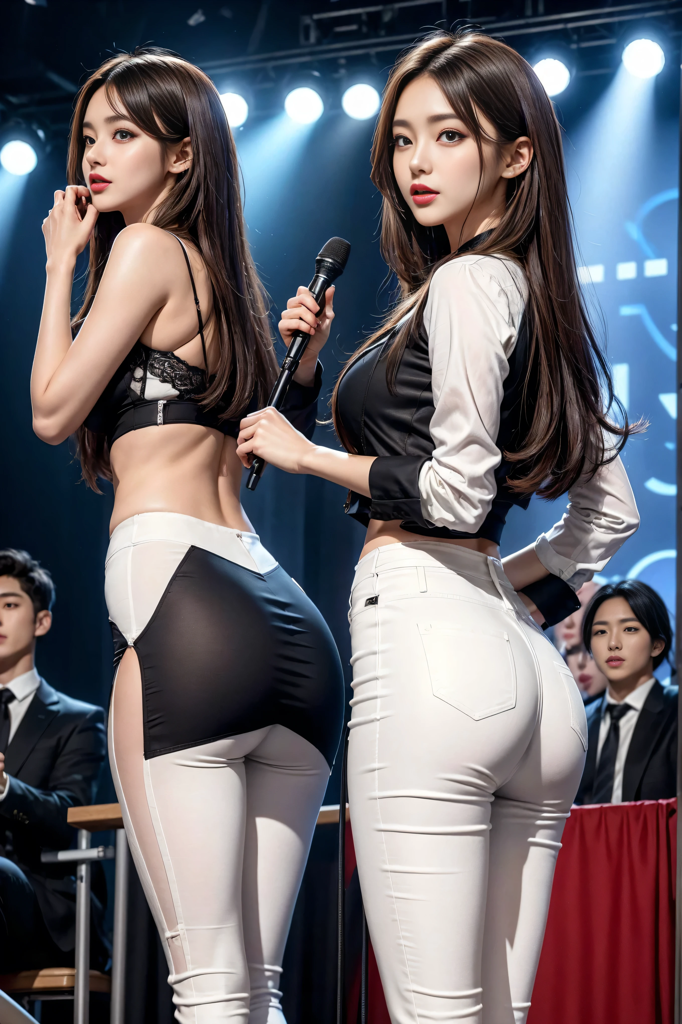 （8k，best quality，masterpiece，practical，Super detailed：1.3），（1 girl，Beautiful Korean girl, Korean pop idol），（Black suit jacket：1.2），（White skinny trousers：1.1），（Serious expression：1.2）discuss，（speech，handheld microphone：1.2）（crowd，audience：1.3），Sexy long legs， （thigh gap：1.5），Wide hips，S-Shaped Body， Buttocks raised，，black hair，（Ass Focus：1.1）Shot from behind