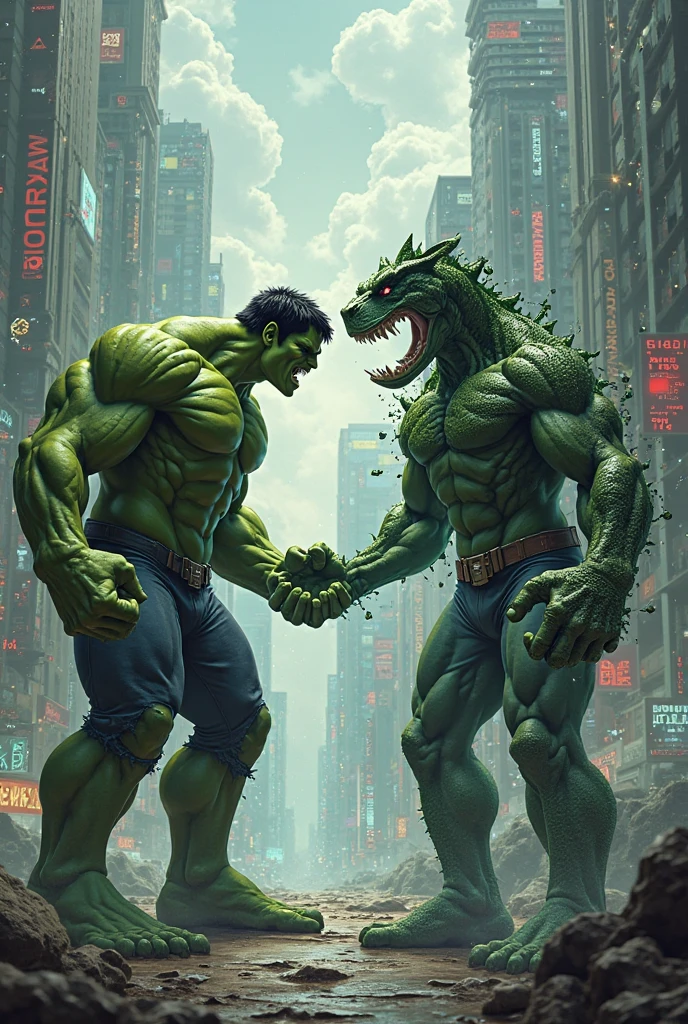 male, Strong build, very thick build, ripping clothes off, forcefully removing clothes, hulking out of clothes, hyper erect penis, thick penis, copious amounts of cum 1.6, mighty roar, double bicep pose, pelvic thrusting, standing upright, (green skin: 1.1), whole body hair, ginger beard, overbite, thick sharp teeth, large thick lower canine teeth, thick pointy ears, (glowing eyes: 1.2), destroyed pants and shirt, rampage, impact, evil smile, thick arms, thick thighs, (large pecs: 1.4), muscular pecs, (bara pecs: 1.6), macro, landscape dwarfing, village destruction, building destruction, ruined village, village on fire,