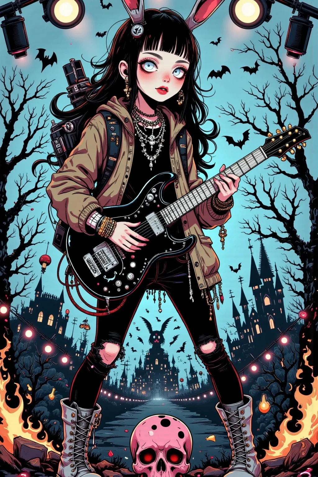 a humanoid figure with a carved pumpkin head, electric guitar, cobwebs, bats, supernatural creatures watching, dramatic lighting, bold contrasting colors of orange, black, purple, lime green, spooky, vibrant, fun Halloween theme, photorealistic, 4k, highly detailed, masterpiece, art by artgerm, greg rutkowski, and alphonse mucha
