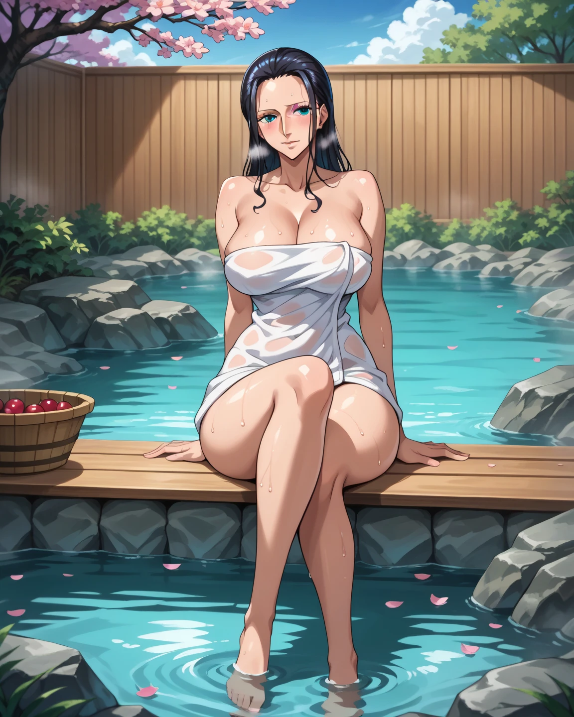 White eyes, dark purple hair,  slim legs, cleavage, slim waist, narrow waist, pool, happy, navel,  slender body, , teenagers, areola, full body, nipples, nude