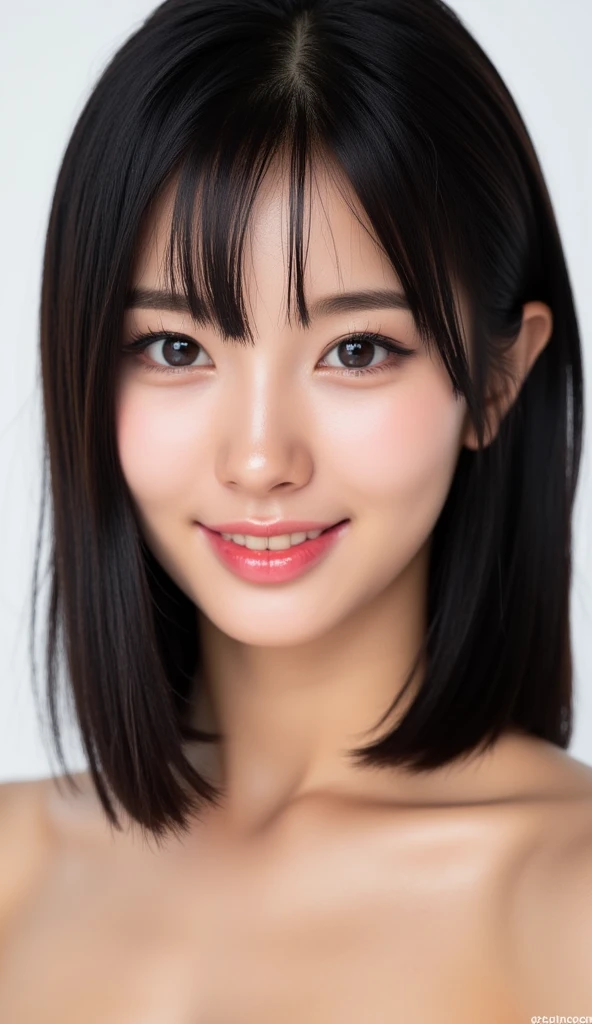 highest quality, realistic, 8K, High resolution, 1 girl, woman, (skin dents), (portrait:0.6), nice, ((white background, naked, small breasts:1.65)), (long black hair, parted bangs:1.4), looking at the viewer, (1 girl eyes looking at the viewer:1.6), realistic, (Bokeh), (closed mouth, smile:1.3), nice, Pueros face_V1:1,