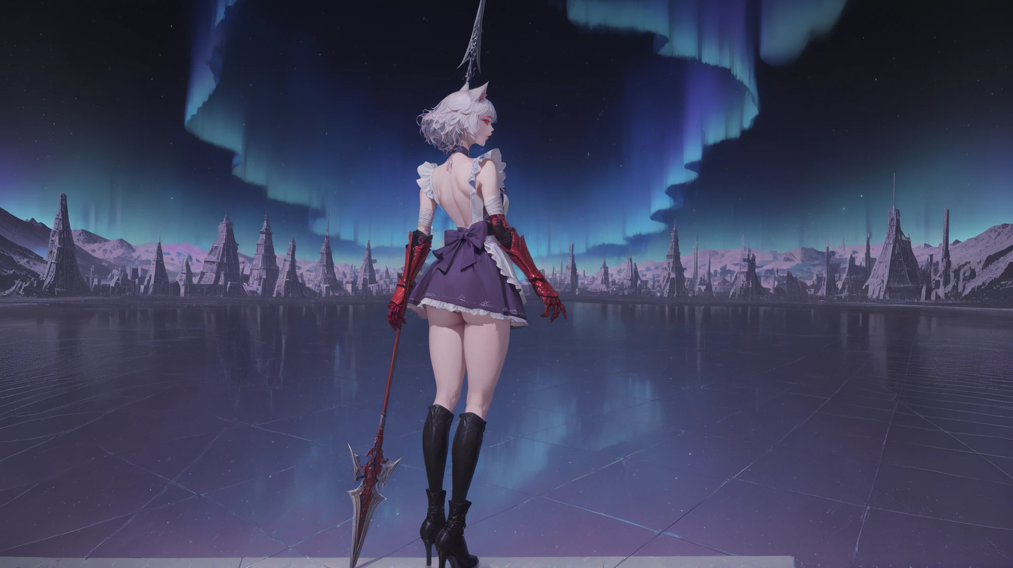 beautiful girl, alone, alone, with cat ears, short white hair, with a long side fringe, Red Eyes, sharp eye, beautiful skin, extremely nice body, ,((pretty face)), A maid's uniform, short skirts, (maid) , (A large red gauntlet on the right arm), (left arm without gauntlet hands bandaged) ( a spear in his hand ), (black boots with heels), beautiful thighs, (She is standing on her back), (profile), (his back is visible) , (( takes plywood )), (( purple colors, cosmic sky, starry, light purple rectangular tile floor, structures of the same color squared and rectangular, (cubic figures), (blue aurora borealis)))
