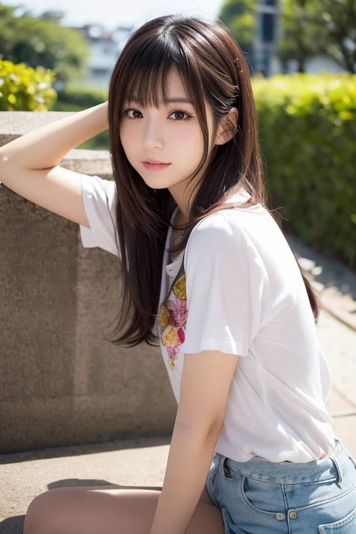 Produce the highest quality and highest resolution 8K images。Please draw the upper body of a 20 year old Japanese woman.。Please draw an image of someone sitting on a park bench looking up at the sky.。She has brown eyes and a model figure.、She has an idol-level cute face.。The hair is long。The skin is、It is a natural skin color。