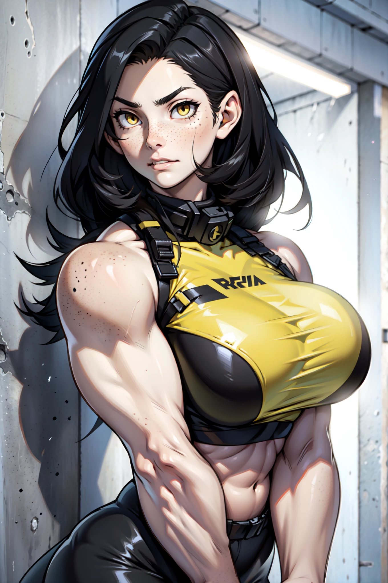 black hair, yellow eyes, solo, sweaty, shiny skin, angry, pale skin, ((((((muscular, 1girl)))))), curvy, thin waist, very long hair, cowboy shot, sweaty, perky breasts, pilot suit, torn clothes