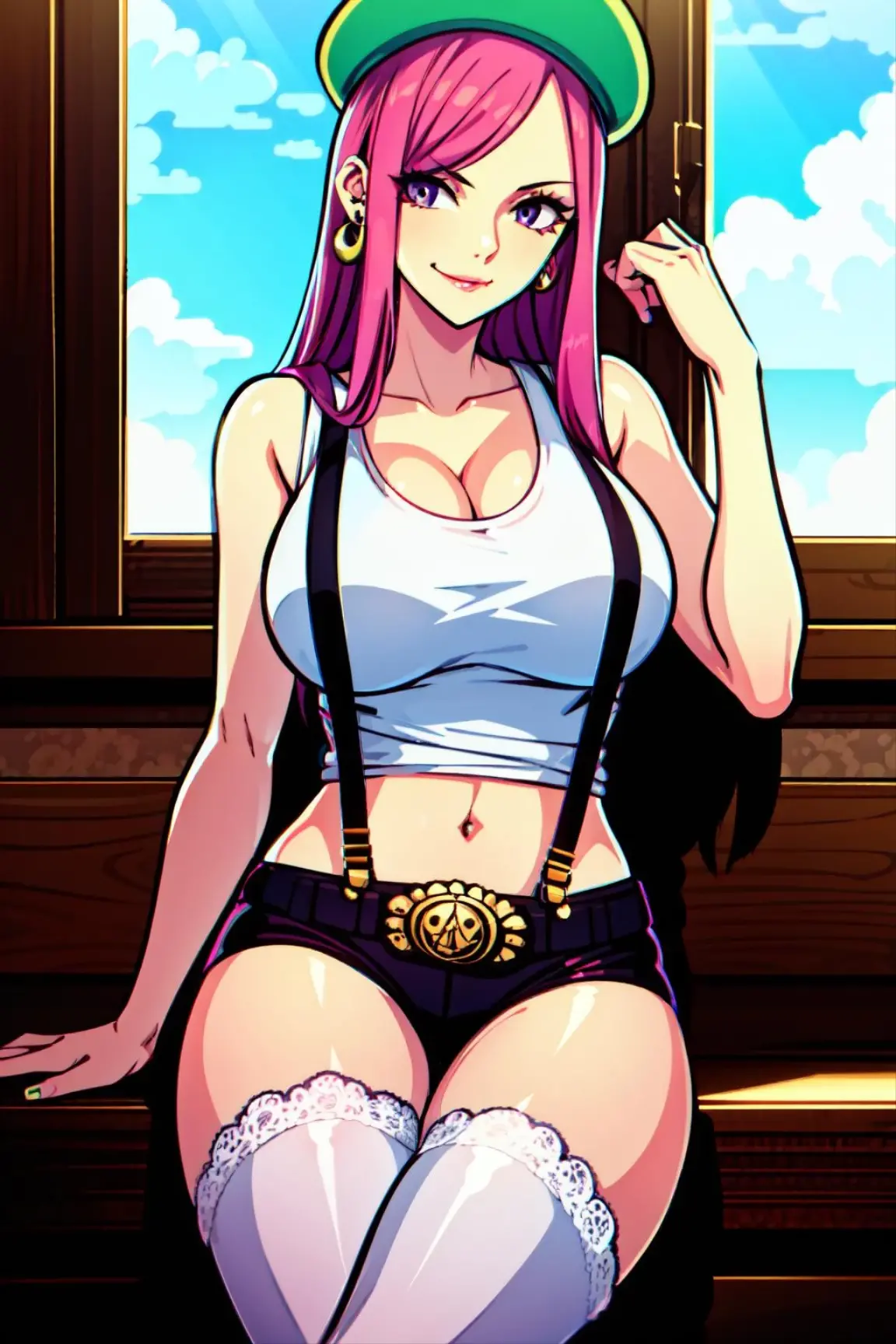 2D、masterpiece、highest quality、High resolution、anime、Very detailed、anime girl、solo、Cowboy Shot、Pink Hair、hair ornaments、Black tank top、very tall woman、Skin tight tank top、Cleavage、Denim shorts、Big Breasts、Very large breasts、Are standing、coastal、Embankment、Expressionless、