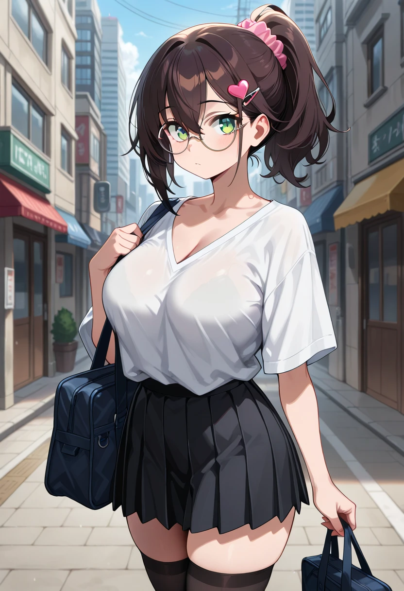 breast enhancement ,De metamorphosis、Small breasts,Black Hair,short hair,Green Eyes, Black-rimmed glasses,(Pink polo shirt,Short sleeves, skin-colored pants underneath) ,(Sweaty skin:1.1), Outdoor,(High resolution, high quality:1.1), Intricate details, One girl, medium butt, clothes are transparent, in the street, hands on chest, no bra, hot, embarrassed, bra stolen