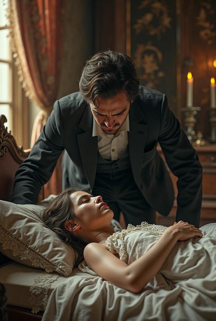 A man kills his beloved with a pin in her heart, with an old style of clothing