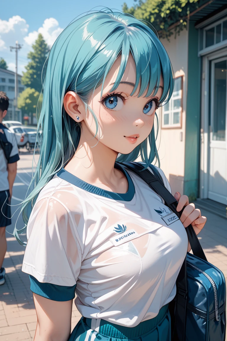walk in the park, masterpiece, highest quality, (maximum resolution: 1.2), (Ultra HDTV: 1.2), cinematic light, Ultra HDTV, (detailed eyes and skin), (detailed facial features), 8K resolution, sharp focus: 1.2, perfect body, Anatomically correct, beautiful face, double eyelids, thin eyebrows, natural lip color, 25 years old lady, cheeks are red, slender body, small breasts, burst of laugh, pretty earrings, white T-shirts(extra large size: 1.2), blue skirt,