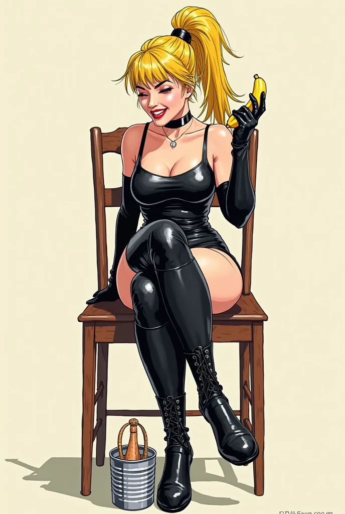 francine, blonde hair, 1girl, long hair, white braclet, breasts, solo, necklace, latex stockings, latex armwear, slutty female, sexy pose, high heels, naked female, Bimbo, Big breasts, thong, dog collar, dominatrix, black lipstick