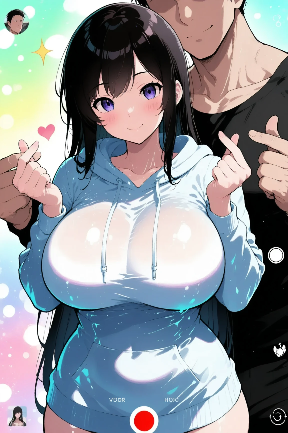 2 heads, a short thin woman with 2 heads. Extremely huge breasts. In a bedroom. Wearing a colorful belly shirt with a graphic on it. Wearing jeans. Young. Happy. Thin face. Seductive eyes. Long messy hair. Sexy. Smiling. Gigantic breasts. Nerdy, sexy nerd appearance. Deep cleavage. Hard nipples under shirt. Gigantic round breasts. Enormous fake round breasts. Giant circular breasts. Selfie POV, taking a selfie.