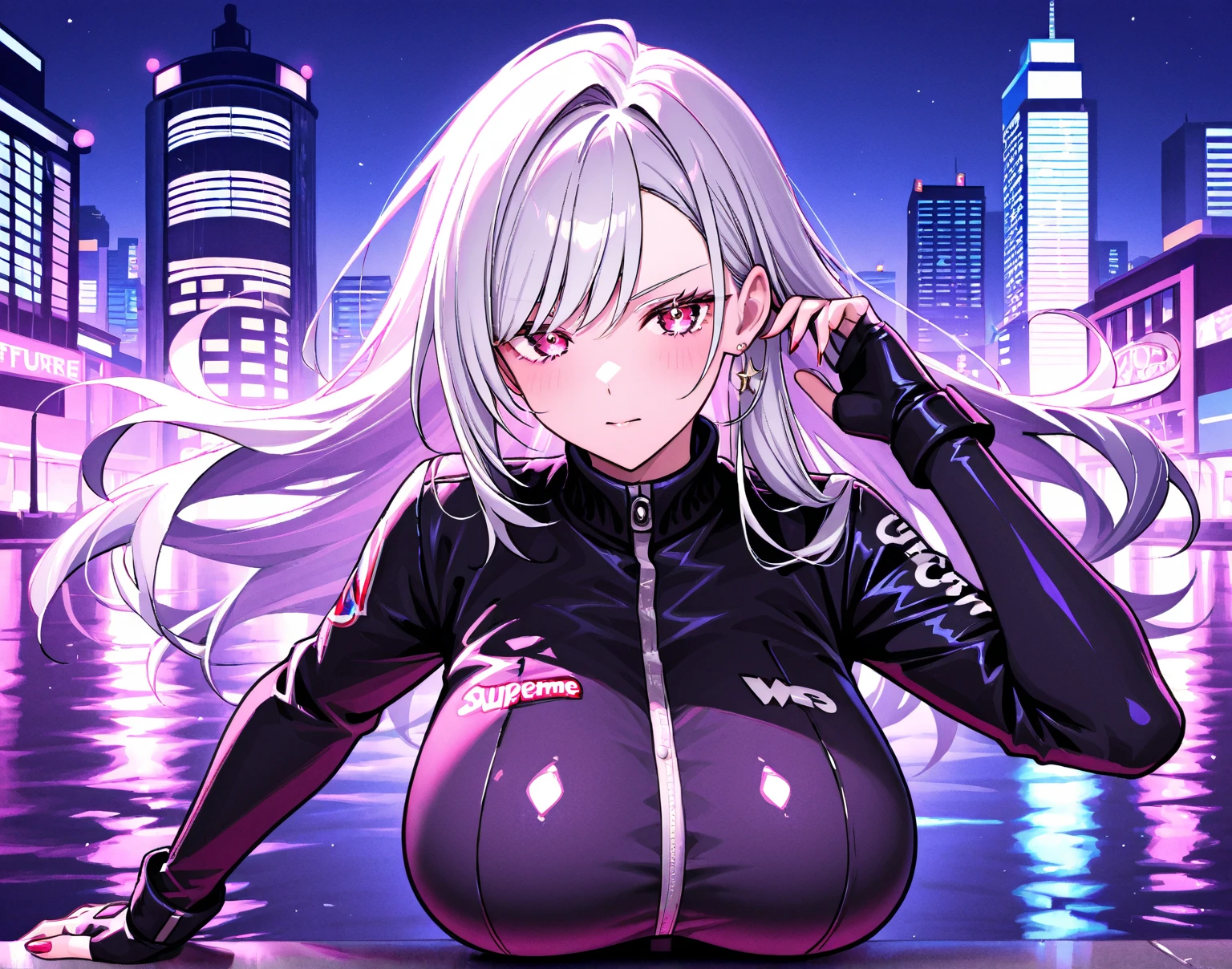 最high quality、best image quality、masterpiece、girl((20-year-old、 By becoming、vest bust、medium bust,wide open breast tea、shining eyes, silver hair、long hair、thin,highest valley、black sports bra、black sports pants、shoulder tattoo,diamond earrings、Wristband、black jacket、necklace、cool pose)),high quality、beautiful art、background((Virtual space、neon lighting、neon light、Live feeling))、Flight、debris flies、Depth of written boundary、movie、visual art、perfect art、8K,genuine、Dynamic Performance