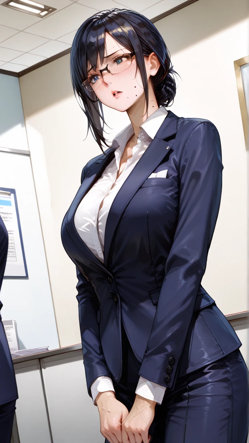 masterpiece, hot shot, ((best quality)), absurdres, perfect antomy, Tae Takemi, (Small smile), necklace, choker, dress, (Big breasts:1.3), braless, defined abdomen, labcoat, standing, doctor office background, sexy pose