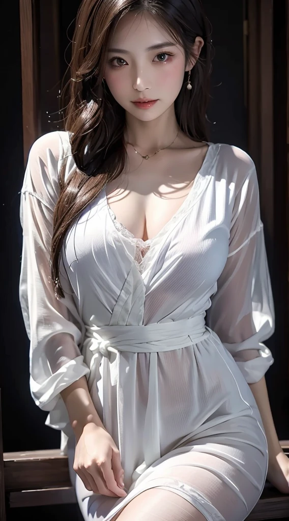 Best quality, masterpiece, ultra high res, in a bathroom, (photorealistic:1.4), smiling, one beautiful woman,),((sweaty)), (white floral long shirt ), cleavage, walking, Spread your legs apart,Huge ass,mid size breasts, see-through transparent clothes,detailed nails, thick pubic hair, nakeness。