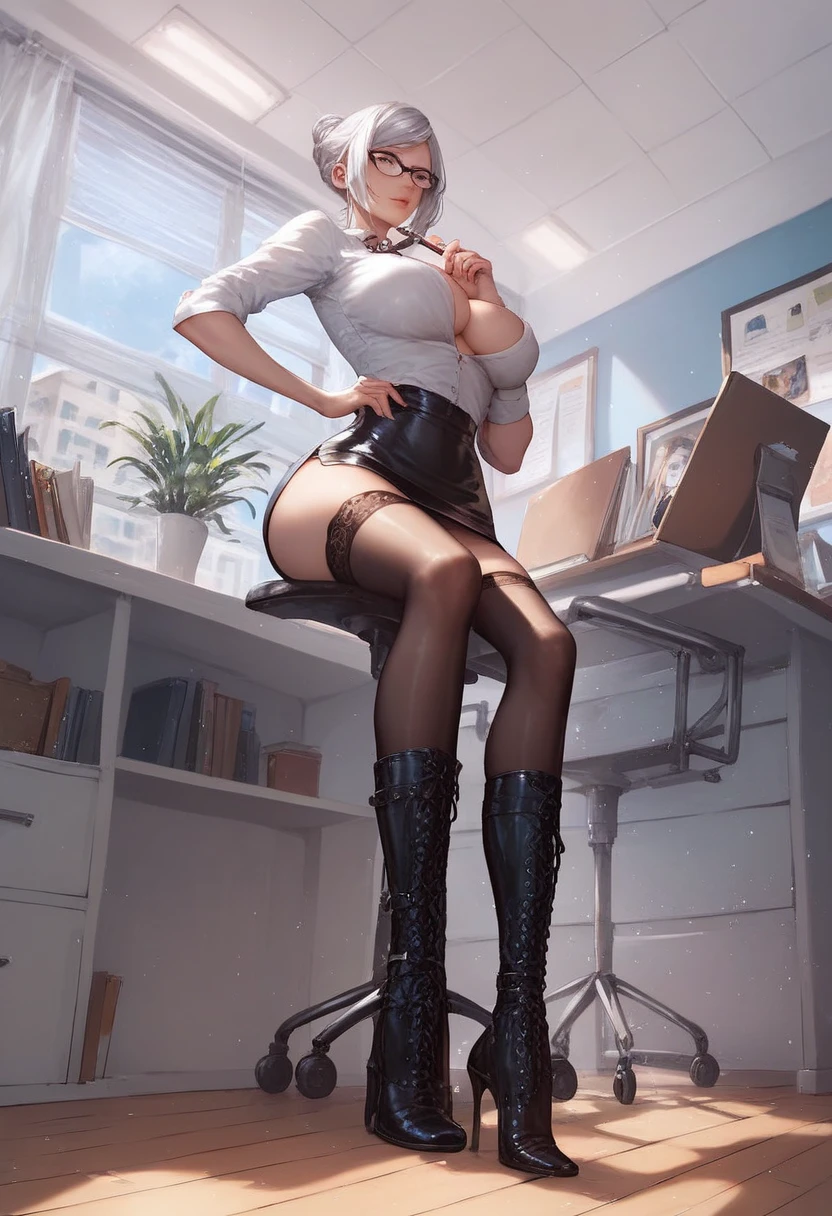 tracer full body sitting on a chair in a white shirt and black skirt, dominant pose, sexy dominant pose, amazing professional picture, sitting on a desk, in the office,, tight attire, casual pose, sexy pose, seductive and powerful,long high heels pumps in,big boobs,(low Angle)