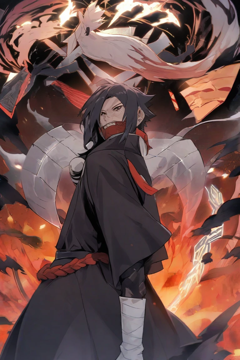 Male, black skin, red eyes, Cloak